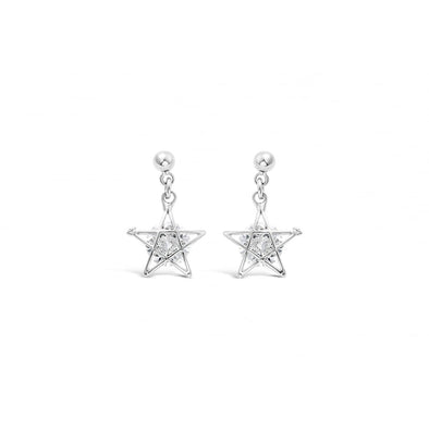 small delicate crystal silver drop earrings. Three small balls suspend a crystal star made up of silver outer and crystal stone in the centre. 