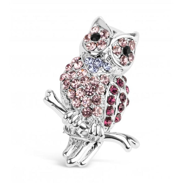 Pretty Pink and Purple Crystal Owl Brooch