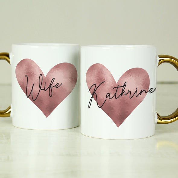 Personalised Pink Heart Gold Handle Mug