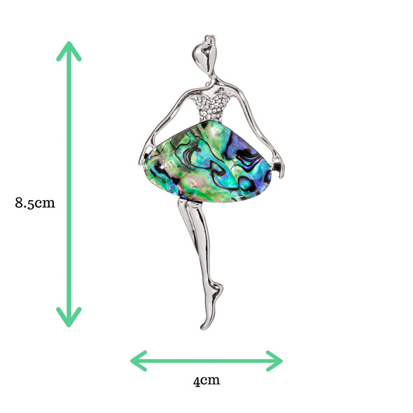 Abalone shell and crystal ballerina brooch with measurements