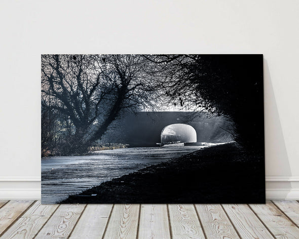 Black and white canal photograph on canvas