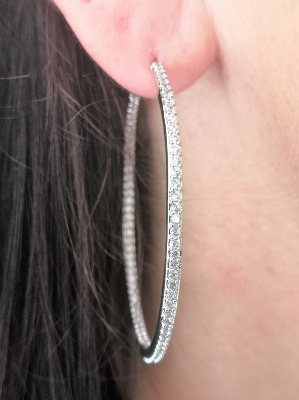 cubic zirconia and rhodium plated hoop earrings with free gift pouch