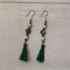 Emerald green bead and tassel vintage style statement earrings 2