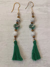 Emerald green bead and tassel vintage style statement earrings