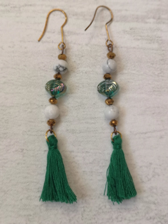 Emerald green bead and tassel vintage style statement earrings