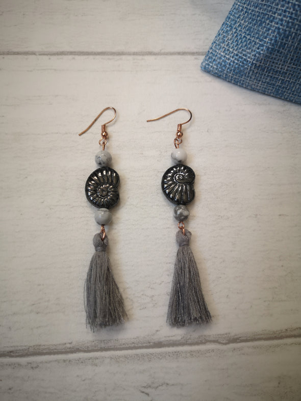 Grey vintage fossil shell and tassel statement earrings