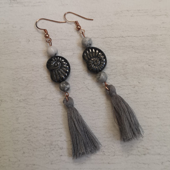 Grey vintage fossil shell and tassel statement earrings