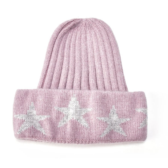 Star Woollen Ribbed Dusky Pink and Grey Star Hat