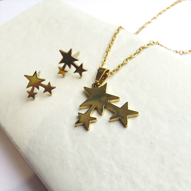 Gold Plated Trio of Stars Necklace and Earring Set