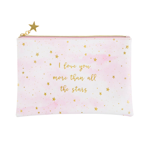 i love you more than all the stars pouch in pink and gold size 23.5cm x 16cm 100% pvc wipeable