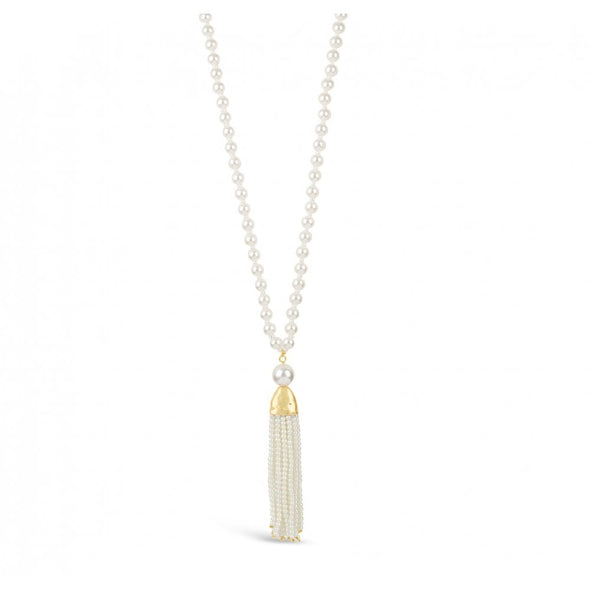 Long gold plated pearl tassel necklace