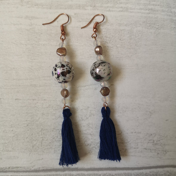Navy vintage style earrings with beads and tassels