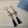 Navy vintage style earrings with beads and tassels with hessian bag