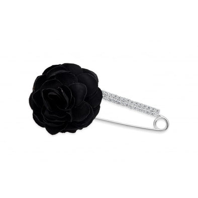 Rhodium plated brooch with jet black flower and cz stones