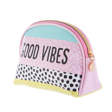 Sass and Belle good vibes pouch in pink, black blue and yellow for make up, pencil case or mobile accessories