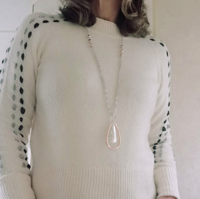 Agate silver and rose gold long bead pendant necklace