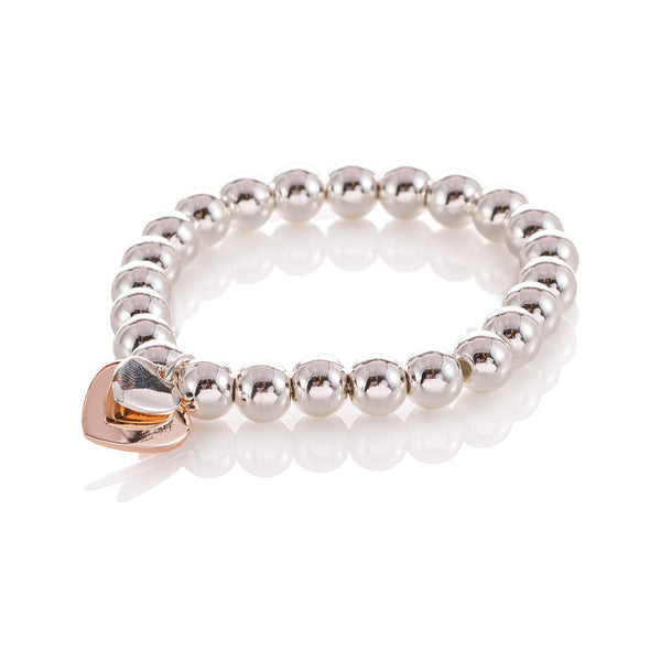 Silver Ball Bracelet with Double Rose Gold and Silver Heart Charm