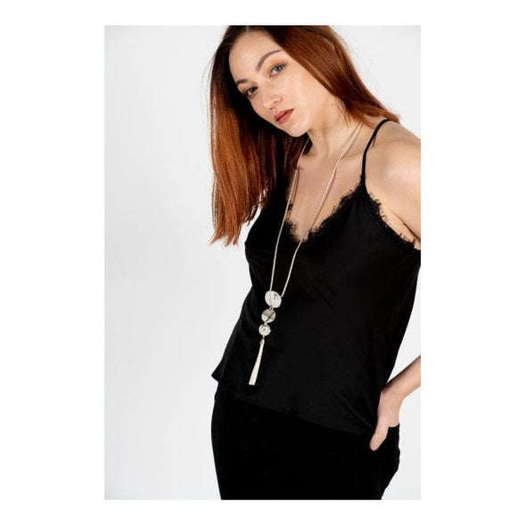 silver plated long oval disc tassel necklace lifestyle