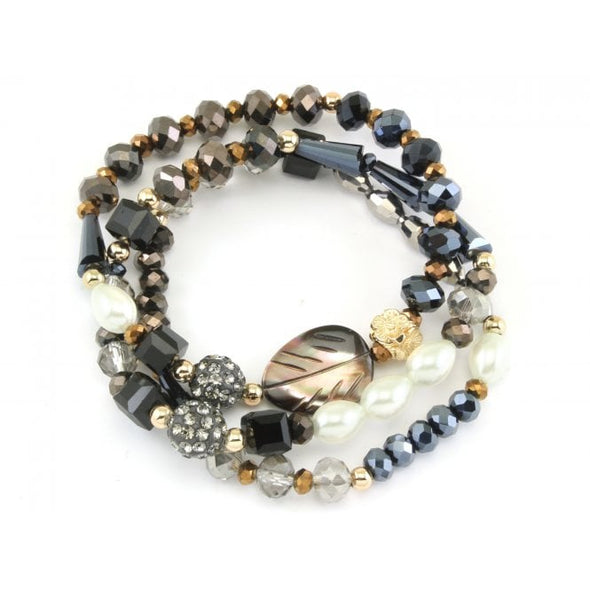 Black Multi Glass Pearl Crystal and Tigers Eye Bracelet Set